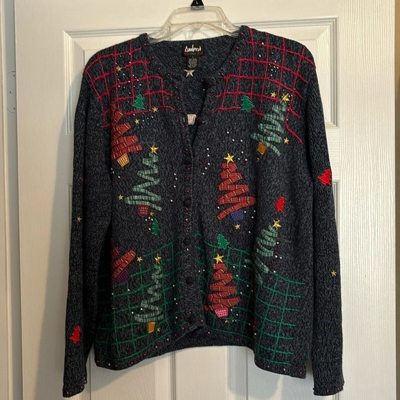Ambra women’s vintage Christmas tree button down cardigan sweater size large - Picture 1 of 8
